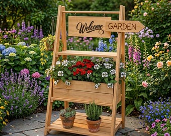 Gartenleiter Blumenständer Pläne PDF | DIY aus Holz A Frame Planter Mit Willkommens-Schild
