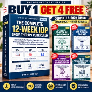 May include: A five-book bundle titled The IOP Recovery Series by Daniel Mercer. The main book is The Complete 12-Week IOP Group Therapy Curriculum, accompanied by four bonus books: Client Workbook, Clinical Toolkit, Documentation Guide, and Handbook.