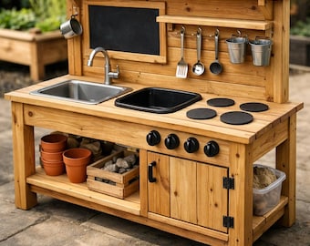 May include: A wooden outdoor play kitchen featuring a stainless steel sink, a black basin, four black stovetop burners, and four black control knobs. It includes a chalkboard, a shelf with hanging metal utensils, two metal buckets, and storage.