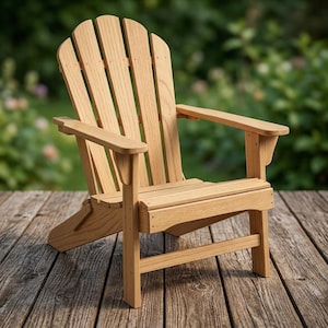 May include: A light brown Adirondack chair made of wood. The chair has a slatted back, wide armrests, and a seat. The chair is designed for outdoor use and is placed on a wooden deck. The background is blurred with green foliage.