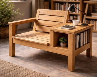 Bauplan für einen Lesesessel aus Holz (PDF) | DIY-Sessel mit Beistelltisch und Bücherregal | Moderner Lounge-Sessel – Bauplan aus Holz | Sofort-Download