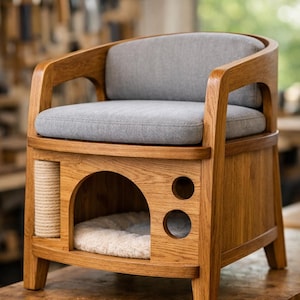 May include: A wooden pet chair featuring a light gray upholstered seat and backrest. The base includes an arched opening leading to a cushioned interior, a vertical sisal scratching post on the left side, and two circular cutouts on the right side.