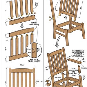 May include: Diagram of chair assembly steps 5 and 6. Step 5 shows the back assembly with dimensions in cm. Step 6 shows attaching the back to the seat frame, including armrests. The chair is made of solid oak.