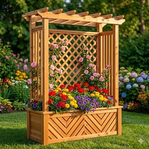 May include: A wooden garden planter with a trellis and pergola-style top. The planter box is filled with colorful flowers, including red, yellow, and purple blooms. Pink roses climb the trellis, creating a vibrant display in a garden setting.