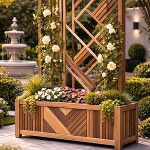 Puede incluir: Una jardinera de madera con enrejado, llena de varias plantas y rosas blancas. La jardinera tiene un diseño de chevrón en la parte delantera y está colocada sobre un patio de piedra. Una fuente es visible en el fondo.