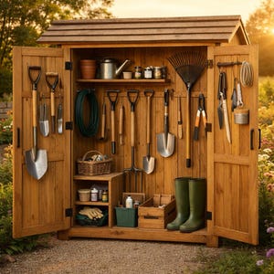 May include: A wooden garden shed with open doors, displaying various gardening tools. The shed features a sloped roof and is filled with shovels, rakes, and other equipment. Green rubber boots are visible, along with a water hose and a small basket.