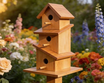 3 Tier Vogelhaus Turm Pläne PDF | DIY hölzernes gestapeltes Vogelhaus mit Sitzstangen-Holzbearbeitung
