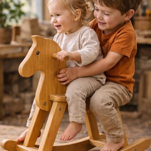 May include: A wooden rocking horse with a horse head design. Two children are sitting on the toy, smiling. The rocking horse is made of light-colored wood and has a classic design. The children are wearing neutral-colored clothing.