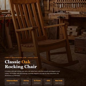 May include: A solid oak rocking chair with a tall slatted back, wide armrests, and curved rockers. The chair is made of red oak. The text on the image reads "Classic Oak Rocking Chair".