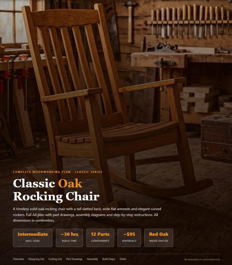 May include: A solid oak rocking chair with a tall slatted back, wide armrests, and curved rockers. The chair is made of red oak. The text on the image reads "Classic Oak Rocking Chair".