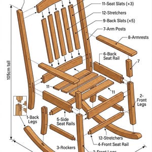 May include: Assembly diagram of a wooden rocking chair. The diagram shows the chair's components, including rockers, legs, armrests, and slats. The chair is 105cm tall, 90cm wide, and 80cm deep.