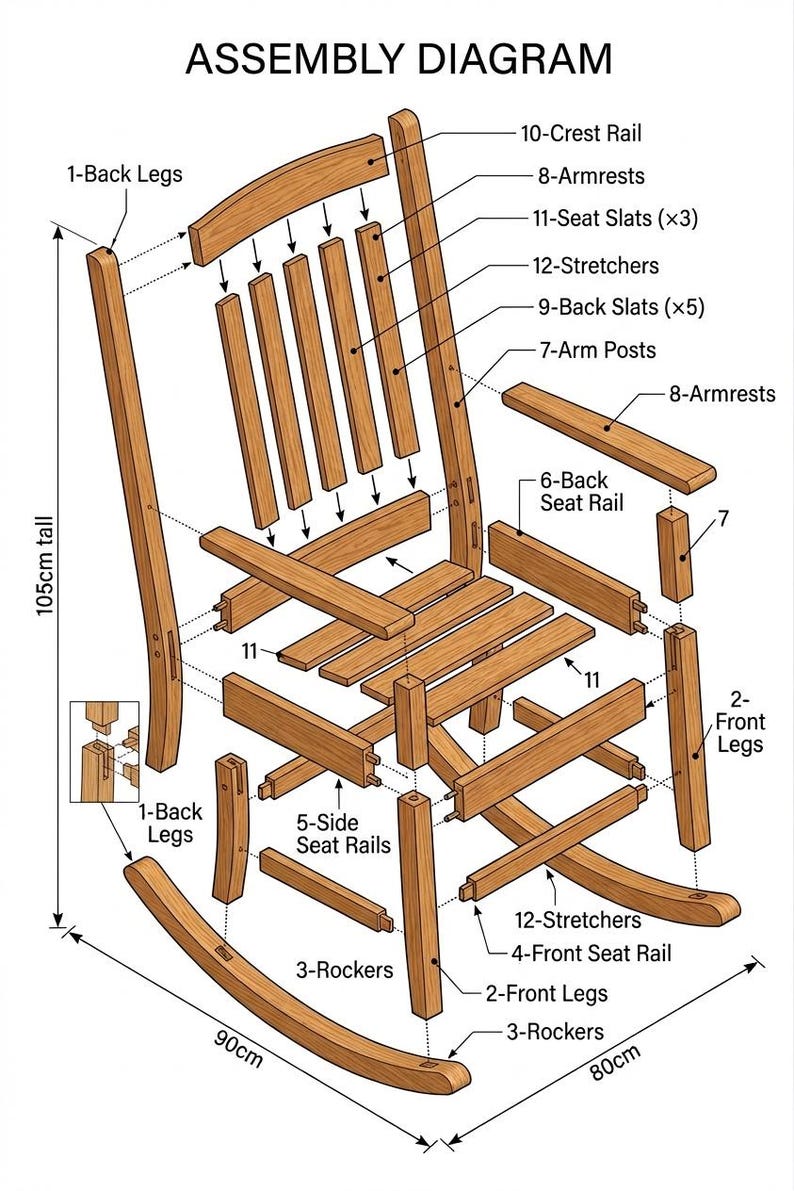 May include: Assembly diagram of a wooden rocking chair. The diagram shows the chair's components, including rockers, legs, armrests, and slats. The chair is 105cm tall, 90cm wide, and 80cm deep.
