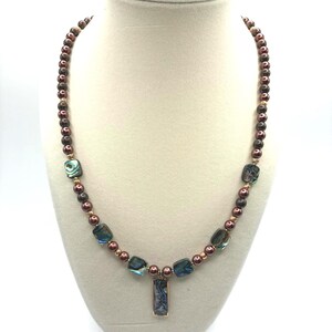 20" Handmade Abalone and Copper Beaded Necklace with Rectangular Pendant, Magnetic Clasp