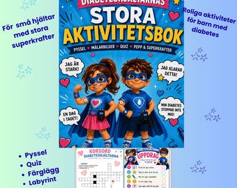 Aktivitetsbok voor schuur met type 1-diabetes. Digitale pdf. Zweeds. Pyssel en Quiz.