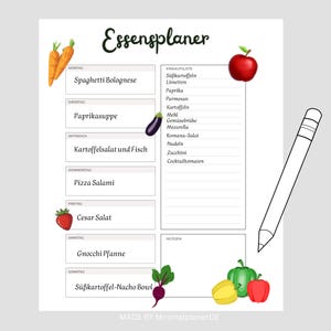 Könnte beinhalten: Ein Wochenessensplaner mit dem Titel "Essensplaner". Er enthält eine Einkaufsliste und einen Notizbereich. Bunte Illustrationen von Gemüse und Obst, wie Karotten, einem Apfel und Paprika, sind enthalten.