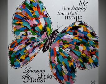 32" Original Abstract Butterfly Painting Acrylic Painting Impasto Palette Knife Handmade by Carola, 32"x32"