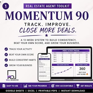May include: A digital real estate agent toolkit with the text "MOMENTUM 90" and "CLOSE MORE DEALS." The image includes a laptop, smartphone, and text that says "Track Your Activity" and "Beat Your Own Score."