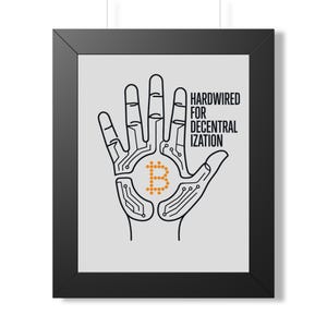 May include: A framed wall art print featuring a black line drawing of an open hand with circuit board patterns. In the centre of the palm is an orange dotted Bitcoin symbol. To the right, the text reads HARDWIRED FOR DECENTRALIZATION.