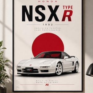 Puede incluir: Póster de un Honda NSX Type R blanco. La imagen presenta un coche deportivo blanco con un círculo rojo y el texto "NSX R" y "1992". El texto también incluye "Precision Crafted, Pure Performance" y "Built to Thrill. Made to Legend."