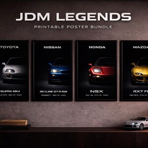 Paquete de 4 pósteres de JDM Legends: Supra MK4, Nissan Skyline R34, Honda NSX, Mazda RX7. Pósteres de coches para pared. Descarga digital imprimible.