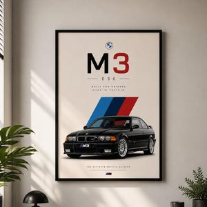 May include: Framed poster featuring a black BMW M3 E36 car. The poster has the text "M3 E36" in bold letters, with the BMW logo at the top. The poster also includes the text "BUILT FOR DRIVERS MADE TO PERFORM".