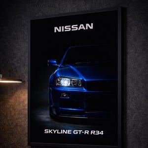Nissan Skyline GT-R R34-affisch, JDM-väggkonst, japansk sportbilstryck, bildekor, present till tunerentusiasten, digital nedladdning