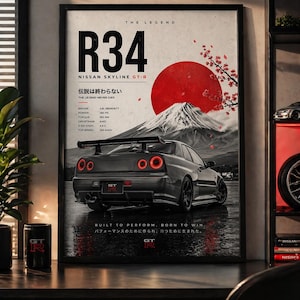 May include: Framed poster featuring a black Nissan Skyline GT-R R34 car with red taillights, set against a backdrop of a red sun, a mountain, and cherry blossoms. Text includes "R34", "Nissan Skyline GT-R", and "Built to Perform, Born to Win."