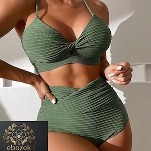 Ribbed Wrap Bikini Set, High Waisted Criss Cross Cheeky Swimwear