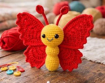 Patron au crochet Amigurumi papillon PDF, tutoriel de papillon en peluche mignon, jouet animal adapté aux débutants, modèle numérique à téléchargement immédiat