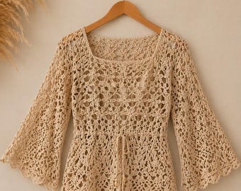 Patron de haut bohème au crochet PDF | Haut en dentelle à motif floral | Tailles S-5TG | Haut au crochet à manches cloche | Pas à pas pour débutants