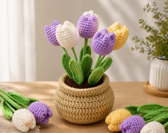 Motif de pot tulipe au crochet | Livre électronique sur les fleurs, étape par étape (téléchargement numérique)
