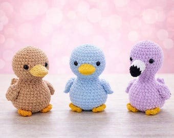 Modèle PDF au crochet canard amigurumi, trio de canards mignon tutoriel pour débutant, bébé caneton en peluche téléchargement immédiat, modèle de jouet animal facile