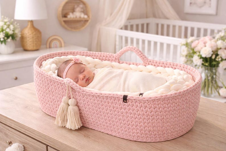 May include: A sleeping baby in a pink crocheted bassinet with a white interior. The bassinet has a handle and two decorative tassels. The baby is wrapped in a white blanket and wearing a pink headband. The bassinet is on a wooden surface.