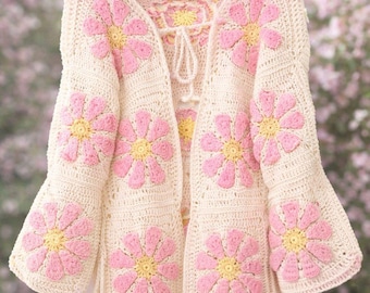 Cardigan carré grand-mère fleurs marguerites au crochet PDF | Pull fleuri à manches cloche | Tailles S-XXL | Téléchargement instantané