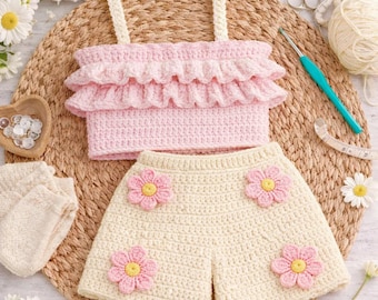 Patron d'ensemble d'été pour bébé au crochet, haut à volants et short marguerite, PDF pour débutant (téléchargement numérique)