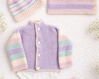 Crochet bébé layette motif PDF, ensemble de couverture cardigan bébé chapeau chaussons, pastel arc-en-ciel au crochet motif nouveau-né, cadeau de baby shower