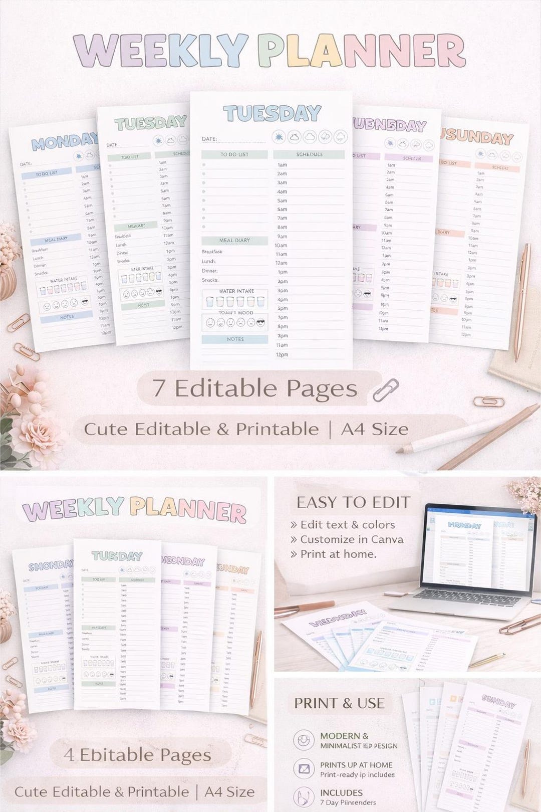 Editable Weekly Planner Template | Pastel A4 to Do List Schedule ...