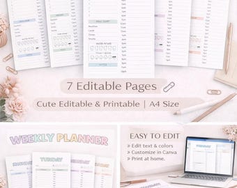 Modèle d'agenda hebdomadaire modifiable | Organiseur de liste de tâches pastel A4 (téléchargement numérique)