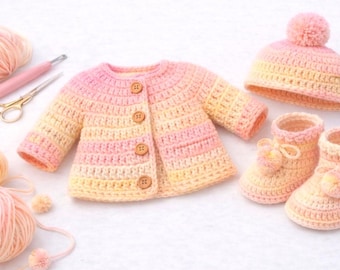 Crochet Baby Set Pattern PDF | Baby Cardigan Hat Booties | Beginner Friendly | Newborn Gift | Instant Download | Baby Shower Printable