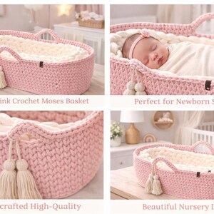 May include: A blush pink crochet Moses basket with a soft, cream-colored interior. The basket features handles and decorative tassels. The text "Best Seller" is in the upper left corner.