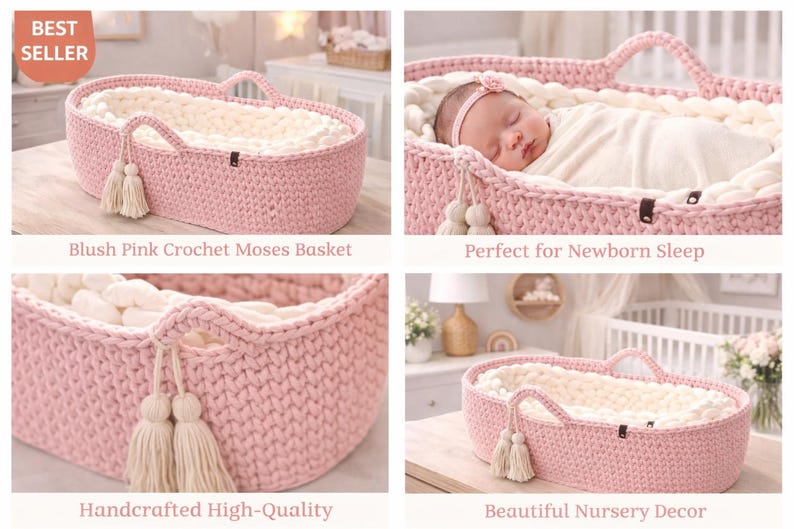 May include: A blush pink crochet Moses basket with a soft, cream-colored interior. The basket features handles and decorative tassels. The text "Best Seller" is in the upper left corner.