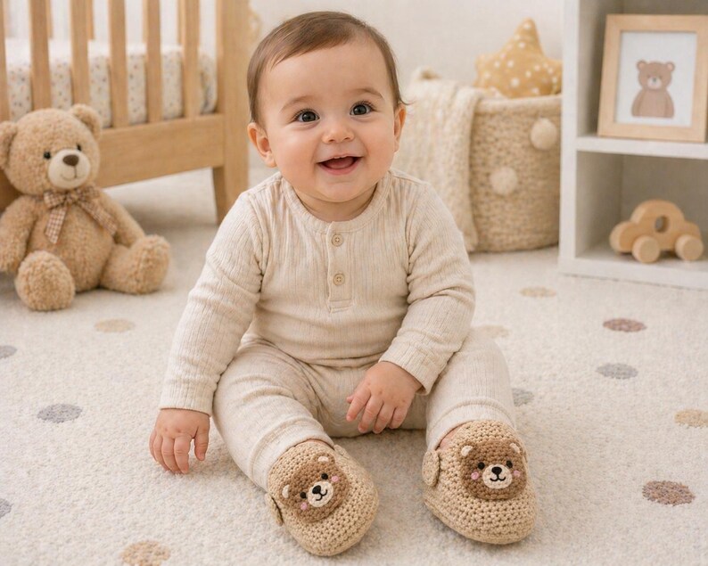Puede incluir: Un beb&eacute; sonriente viste una camisa beige de manga larga acanalada y pantalones a juego. El beb&eacute; lleva botines de oso de ganchillo beige. Un osito de peluche y una cuna est&aacute;n en el fondo.