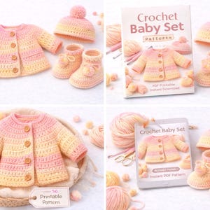 Puede incluir: Un conjunto de crochet para bebé en tonos rosa y amarillo, que incluye una chaqueta, un gorro y botines. El gorro y los botines tienen pompones. La imagen también muestra un libro de patrones titulado "Crochet Baby Set".