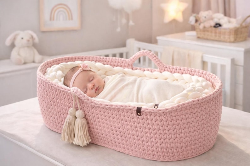 May include: A sleeping baby in a pink, hand-knitted bassinet. The oval-shaped bassinet has a handle and is filled with a soft, white blanket. The baby is wrapped in a white blanket and wearing a floral headband. Decorative tassels hang from the side.