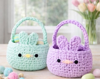 Modèle de panier de Pâques lapin au crochet PDF | Panier amigurumi facile pour débutants | Cadeau de Pâques volumineux de laine | Menthe Lavande | Téléchargement instantané