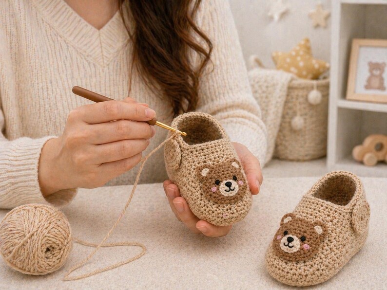 Puede incluir: Botines de beb&eacute; de ganchillo en color marr&oacute;n claro, con un dise&ntilde;o de cara de oso en la parte delantera. Los botines est&aacute;n hechos a mano con un hilo suave y tienen un cierre de bot&oacute;n. Tambi&eacute;n se ve un ovillo de lana y un ganchillo.