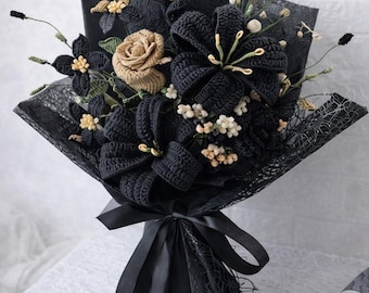 Modèle PDF de bouquet au crochet noir | bouquet de fleurs de lys calla | Motif floral au crochet, étape par étape | Cadeau fait main floral foncé de luxe