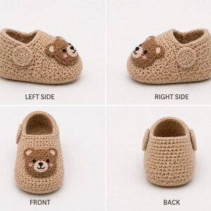 Puede incluir: Botines de beb&eacute; tejidos a mano en color marr&oacute;n claro. Cada bot&iacute;n presenta una aplicaci&oacute;n de cara de oso de peluche y un detalle de bot&oacute;n en el lateral. Los botines est&aacute;n dise&ntilde;ados con un punto suave y texturizado.