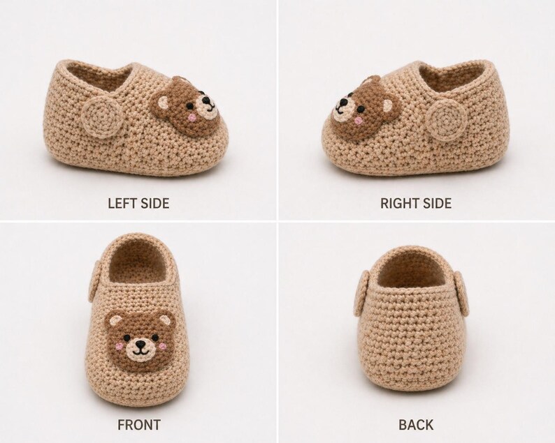 Puede incluir: Botines de beb&eacute; tejidos a mano en color marr&oacute;n claro. Cada bot&iacute;n presenta una aplicaci&oacute;n de cara de oso de peluche y un detalle de bot&oacute;n en el lateral. Los botines est&aacute;n dise&ntilde;ados con un punto suave y texturizado.