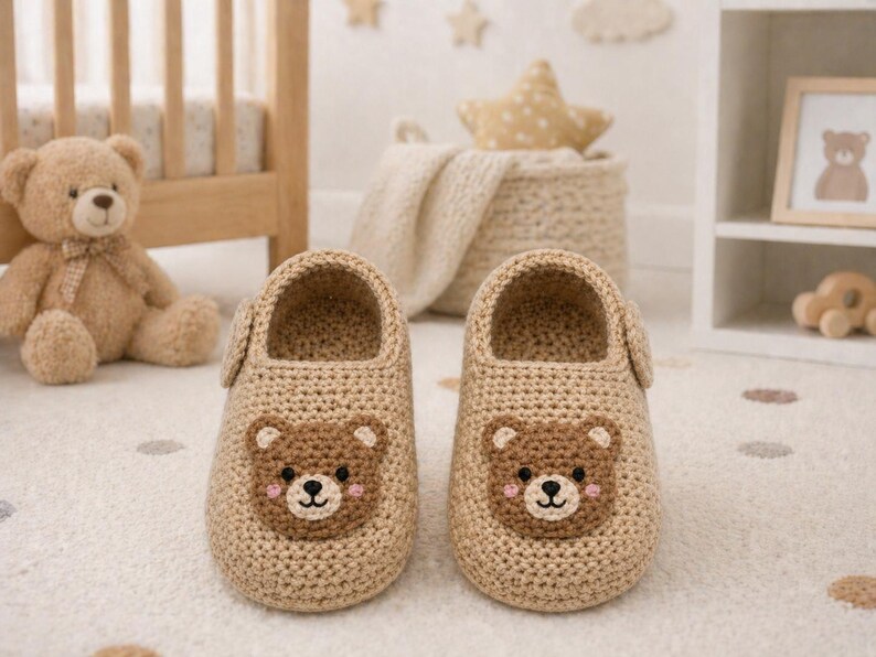Puede incluir: Un par de zapatos de beb&eacute; de ganchillo beige con un dise&ntilde;o de cara de oso en la parte delantera. Los zapatos tienen una punta redondeada y una correa que se abrocha con un bot&oacute;n. El fondo incluye un oso de peluche.